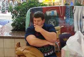 Photos of tired men in shopping centers