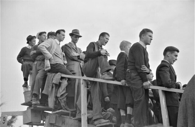 Зрители на футбольном матче Университет Дьюка - Северная Каролина. Дарем, Северная Каролина, октябрь 1939 г.