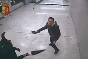 Герой с зонтом в руках против мужика с тесаком