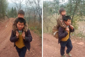 Chinese Father Carries His Disabled Son 18 Miles To School Every Day