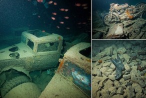 Классические автомобили и мотоциклы на дне моря