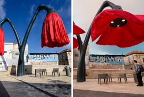 Эти фонари в виде цветов раскрываются, когда под ними стоят люди