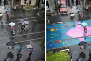 Эти цветные картины проявляются на асфальте только во время дождя