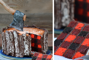 Торт лесоруба со съедобным топором и клетчатым рисунком внутри