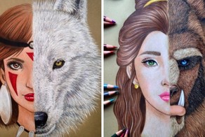 Девушка рисует цветными карандашами оригинальные портреты персонажей мультфильмов