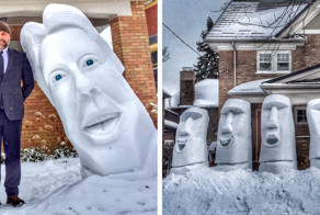 Мужчина лепит из снега 2-метровые снежные скульптуры во дворе своего дома  