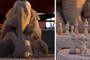 Stunning Sand Sculpture Of A Life-Size Elephant Playing Chess With A Mouse