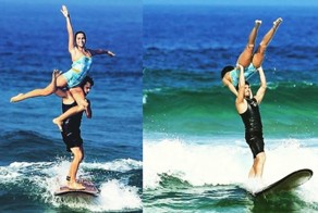 Вдвоем по волнам: экстремальный трюк молодой пары серферов