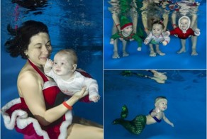 Детишки под водой в Рождественских костюмах