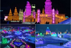 Город изо льда на ежегодном зимнем фестивале в Китае