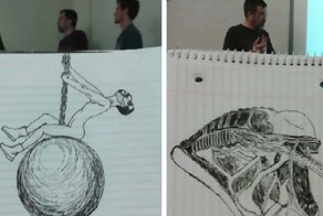 Студент, просиживая время на парах, рисовал своего преподавателя, создавая веселые карикатуры