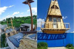 Житель села строит на дачном участке модель галеона