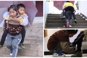 9-летняя китаянка каждый день носит своего брата-инвалида в школу