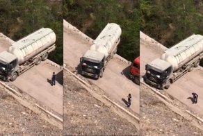 Водитель автоцистерны совершил мастерский разворот над обрывом