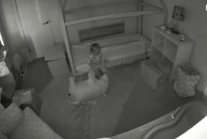 Два золотистых ретривера помогли девочке выбраться из её кроватки, чтобы вместе отправиться бродить по дому