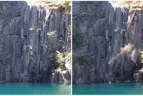 Отчаянный парень спрыгнул с утеса в водоем, и вслед за ним обрушился кусок скалы