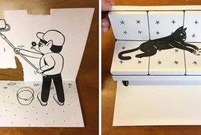 Художник переносит свои рисунки в реальную жизнь, играя с простыми листиками бумаги