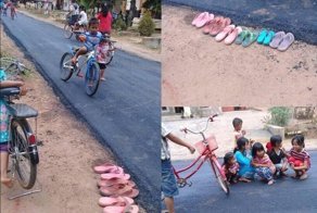 В индонезийской деревне впервые заасфальтировали дорогу