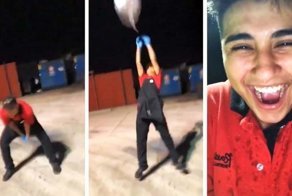 Внезапно разорвавшийся пакет с мусором окатил содержимым работника закусочной