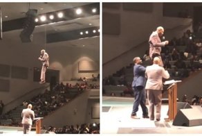 Пастор церкви устроил целое шоу, спустившись с потолка и читая проповедь