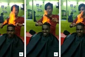 В Индии парикмахер использует огонь, чтобы подстричь своего клиента