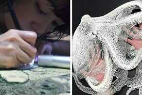 Тонкое японское искусство – осьминог, вырезанный из одного листа бумаги
