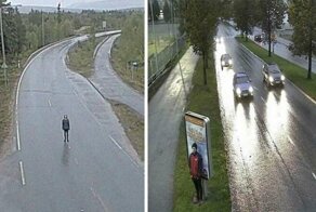 У парня странное хобби, он фотографируется на уличные камеры и получает тревожные снимки