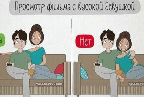 Художница рисует комиксы о типичных особенностях жизни высокой девушки с кудрявыми волосами