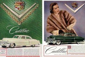 Женщины в мехах на рекламных постерах Cadillac начала 50-х годов