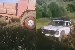 Тянем-потянем: трактор перевернулся на "Ниву"