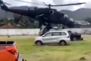 В Индонезии вертолет Ми-35 не смог взлететь и начал крушить автомобили