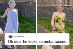Woman Wears Bizarre Costumes While Walking Her Dog During The Quarantine And He Looks Embarrassed
