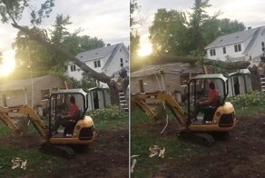 Рабочий просчитался и случайно уронил дерево на сарай