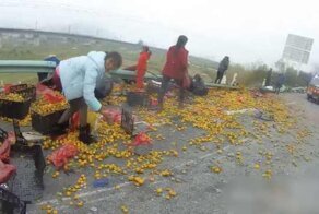Фура засыпала китайскую магистраль апельсинами