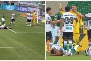 Симуляция года: вратарь одним ударом "отправил в нокаут" двух футболистов