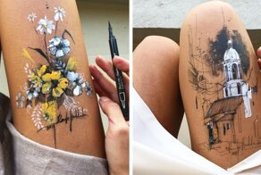 Художница создает потрясающие рисунки тушью, используя свои бедра как холст