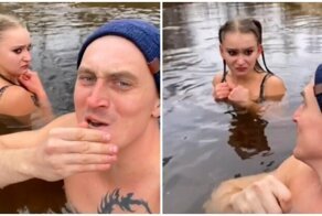 Девушка осталась не в восторге от купания в холодной воде