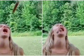 Женщины пытаются поймать ртом сосиску