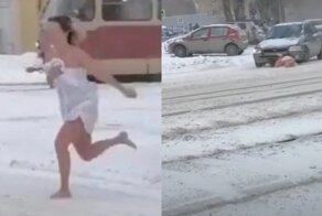 Полуголая девушка в простыне упала под машину, пытаясь перебежать дорогу в Екатеринбурге