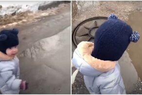 Саня, не надо! Встреча любопытного малыша с лужей