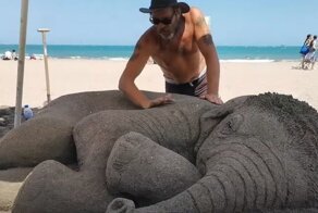 Используя песок и морскую воду, скульптор создал реалистичного слонёнка