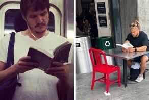 Девушка исподтишка фотографирует читающих  парней, сопровождая их снимки горячими комментариями с юморком