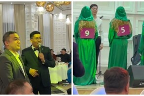 Участник свадебного конкурса пытается угадать свою жену