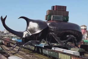 Гигантский жук-носорог тащит контейнеры с черешней