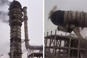 В Казахстане  63-метровая башня с нефтяными отходами загорелась и рухнула
