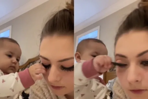 Малыш показал, что он за естественность, пытаясь вырвать маме накладные ресницы