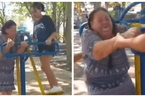 Занимаясь на уличном тренажёре, женщина чуть не потеряла зубы