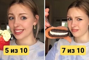 Девушка  пробует странные сочетания вкусов, которые любят беременные