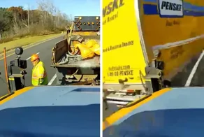 Грузовик чуть не сбил дорожного рабочего