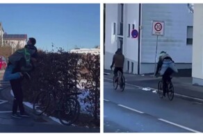 Необычный способ езды вдвоем на одном велосипеде